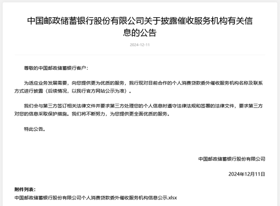 国有大行再跟进，邮储银行披露个人消费贷委外催收机构名单，银行催收业务正日趋规范-第1张图片