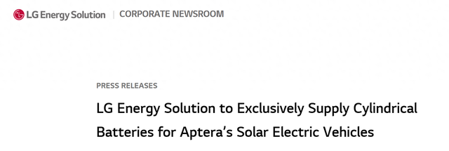 LG新能源将为 Aptera 太阳能电动汽车独家供应圆柱形电池-第1张图片