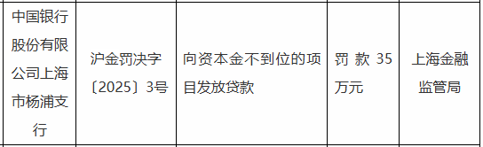 中国银行上海市杨浦支行被罚35万元：因向资本金不到位的项目发放贷款-第1张图片