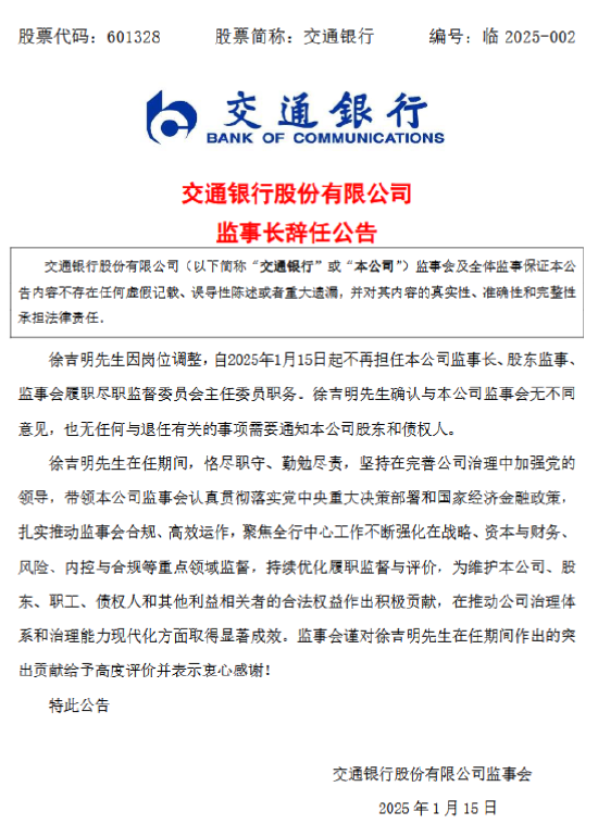 交通银行：监事长徐吉明辞任-第1张图片