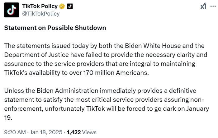 TikTok呼吁美政府“立即明确”不强制执行禁令：否则将于19日被迫“关闭”-第1张图片