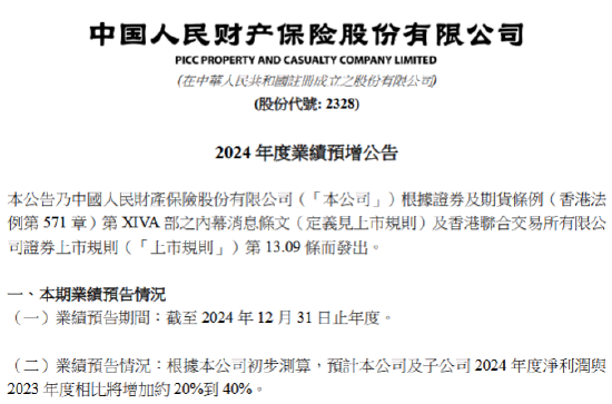 中国财险发布2024年度业绩预增公告 预期年度净利润同比增加约20%到40%-第1张图片