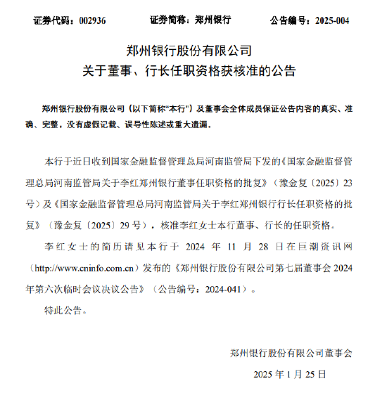 郑州银行：李红董事、行长任职资格获批-第1张图片