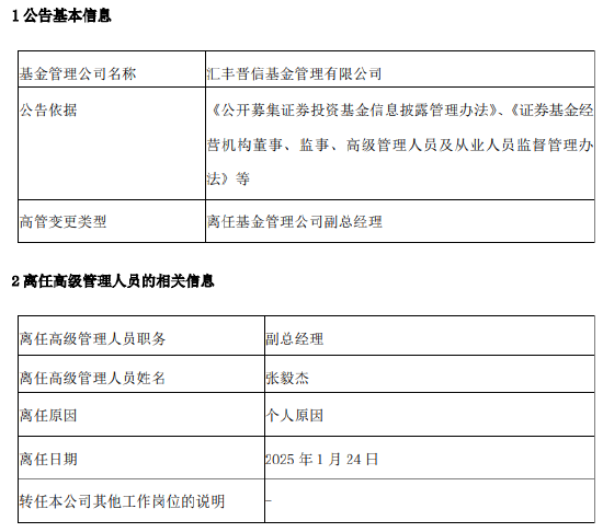 任期10年11月 汇丰晋信基金副总经理张毅杰离任-第1张图片