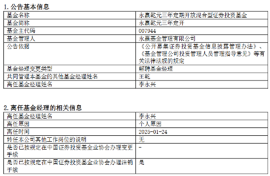 永赢基金副总李永兴离任！卸任7只产品基金经理 任期6年4个月-第3张图片
