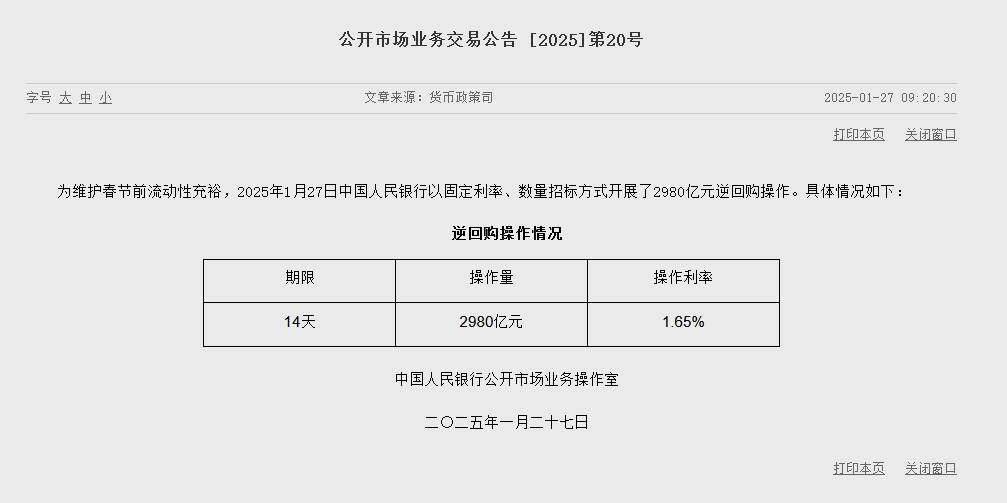 央行开展14天期2980亿元逆回购操作-第1张图片