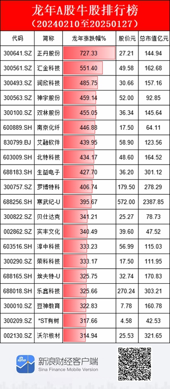 A股龙年十大牛股排行榜：正丹股份涨727%，汇金科技涨551%，润欣科技涨幅485.75%（名单）-第1张图片