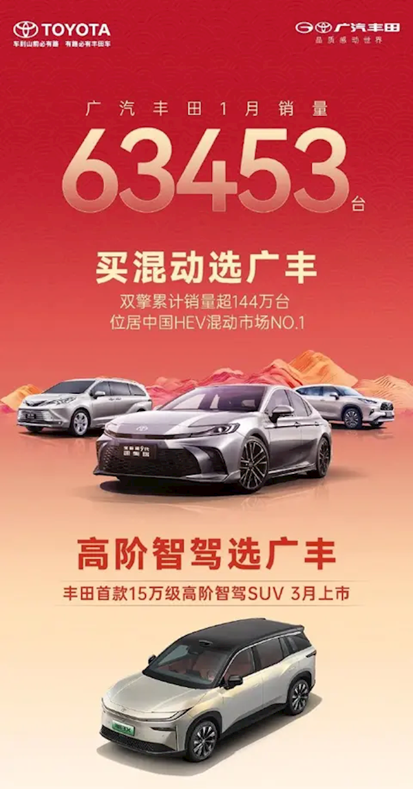 广汽丰田1月销量6.3453万台：双擎系列累计突破144万-第1张图片