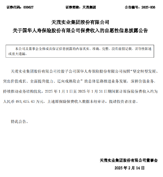 天茂集团：国华人寿1月累计原保险保费收入约49.36亿元-第1张图片