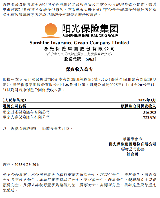 阳光保险：1月两家附属公司原保费收入合计约224.03亿元-第1张图片