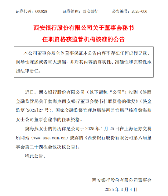 西安银行：董事会秘书魏海燕任职资格获批-第1张图片
